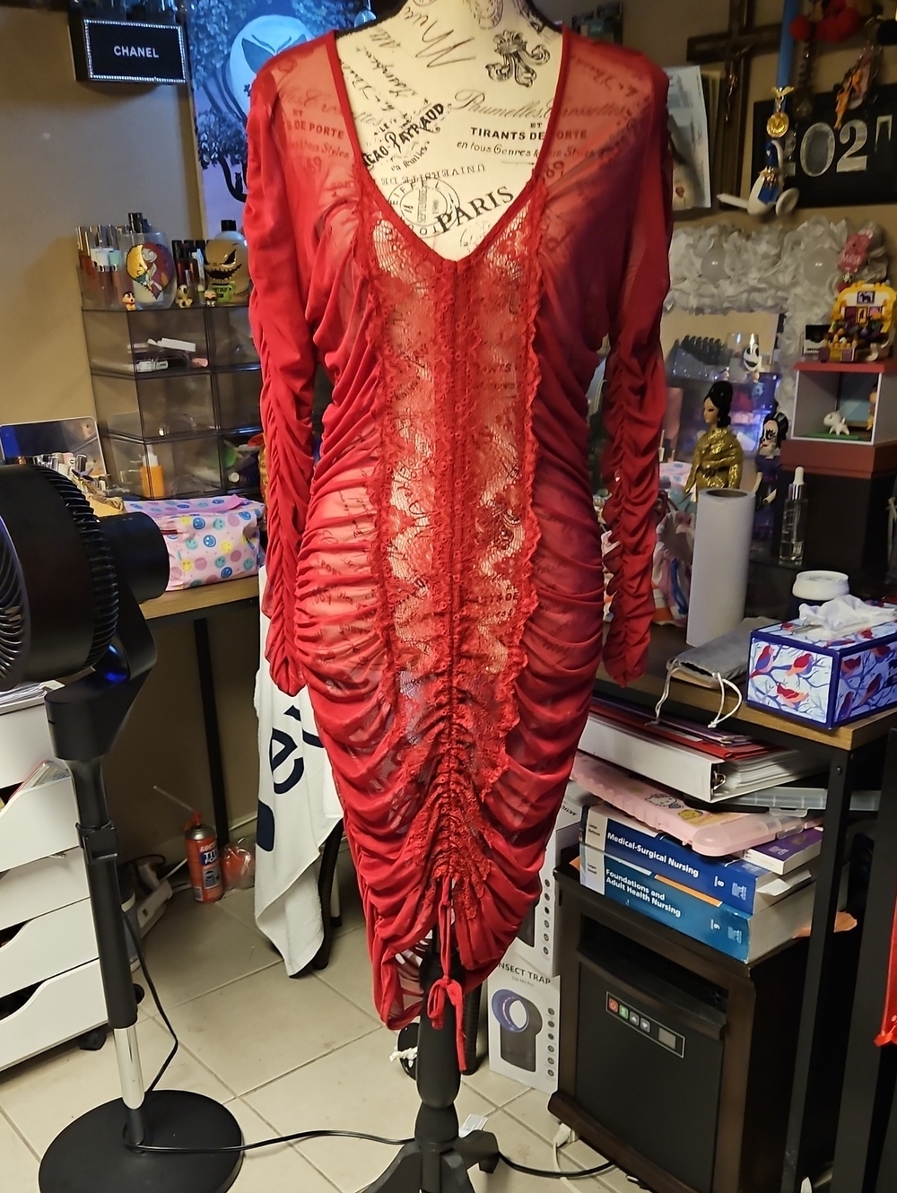 Red Ruched Lace-Front Bodycon Dress
